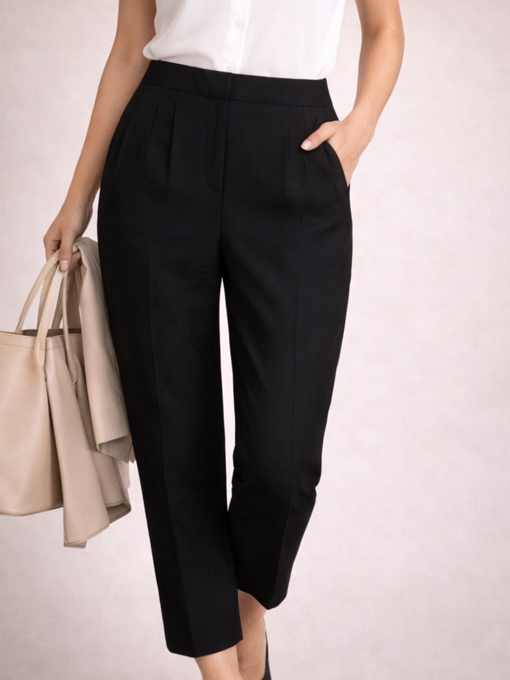 Zara Women Tapered Pants Med Black High Rise Tailored Minimalist‎ Office Wear